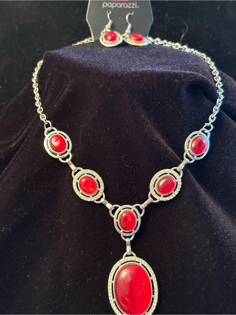 paparazzi Silver-Tone Necklace and Earrings with Red Cabochons